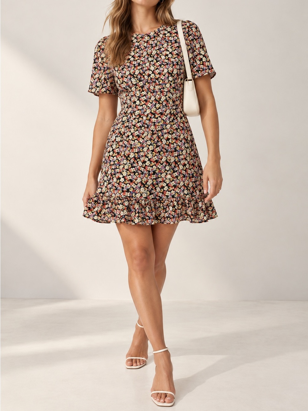 Dress Forum Floral High Neck Short Sleeve Mini Dress with Yellow & Pink Accents